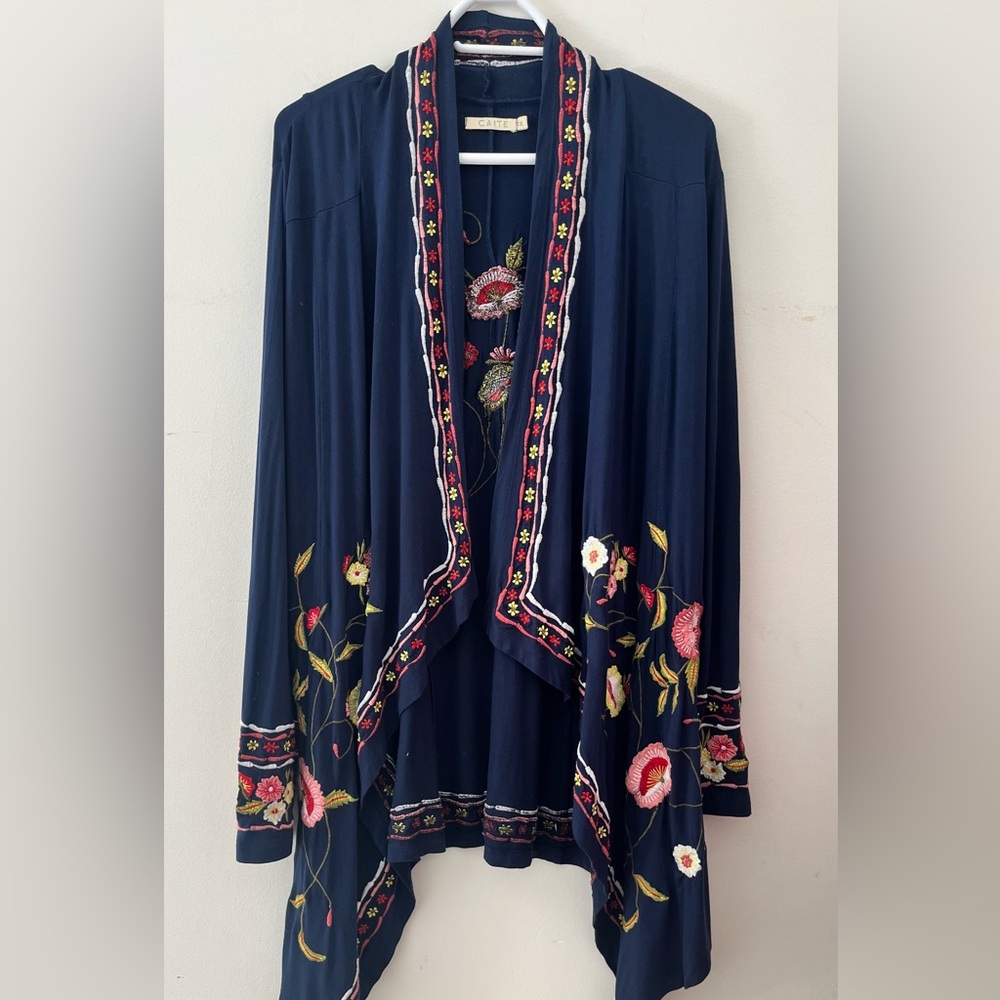 Caite by Anthropologie Embroidered floral Navy Open Front Cardigan flowy sz med